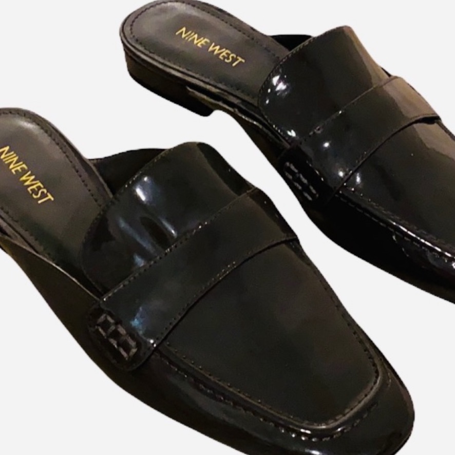 Nine West Xanaduo Dark Slate Grey Gray Patent Shiny Glossy Slides Loafers Mules